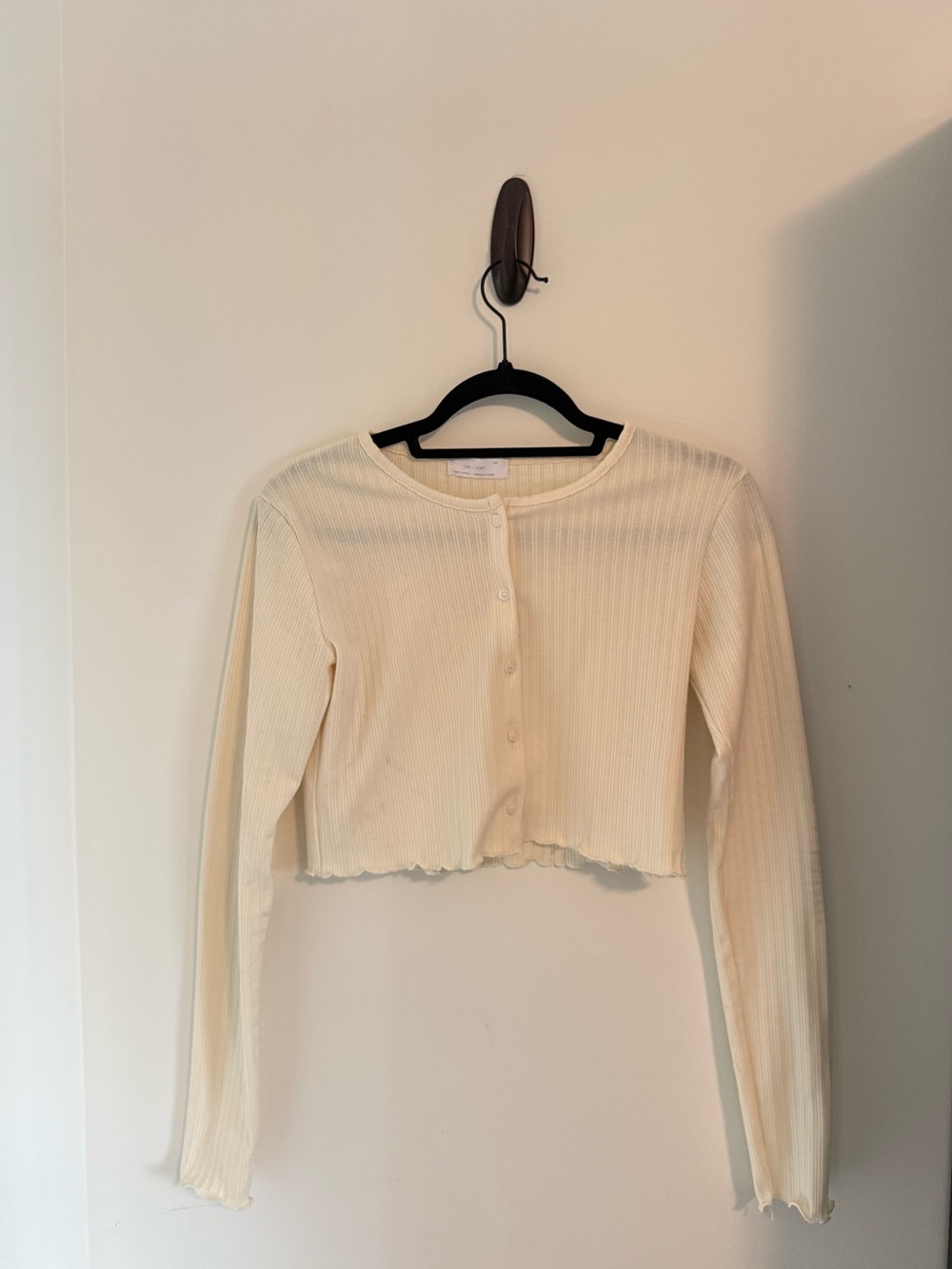 OAK + FORT Cream Pointelle Cropped Button-Up Cardigan